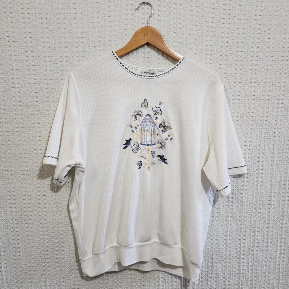 Vintage 90’s BonWorth White Bird Cage Ribbed Embroidered Cottagecore Top Medium